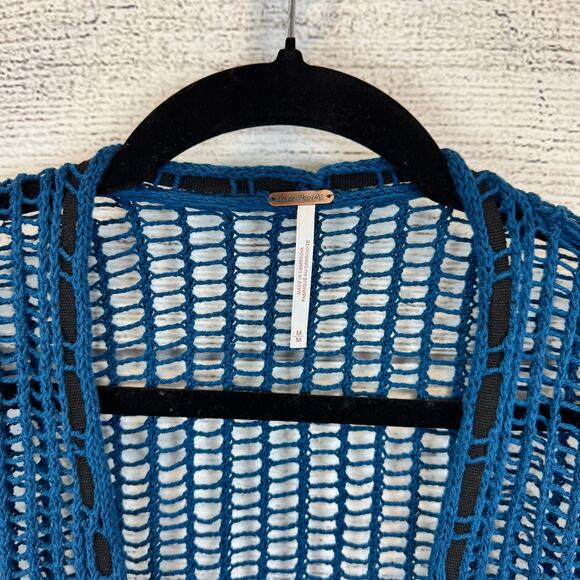 Free People Women's Blue Lattice Open Knit Tie Front Boho Cardigan Size Medium - Picture 11 of 12